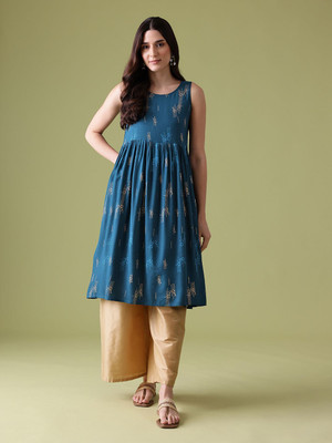 ANOUK Women Printed A-line Kurta(Blue)