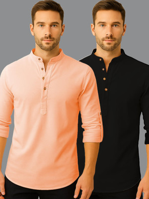 LENIA Men Solid A-line Kurta(Orange, Black)