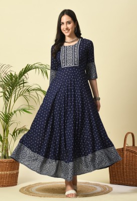 Glowworld Women Printed Anarkali Kurta(Dark Blue)