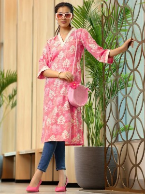 PRISCA Women Printed Straight Kurta(Pink)