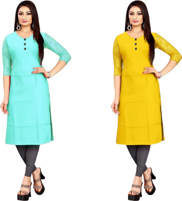 HOFC Women Solid Straight Kurta(Blue, Yellow)