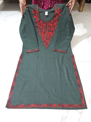 micollection Women Embroidered A-line Kurta(Green)