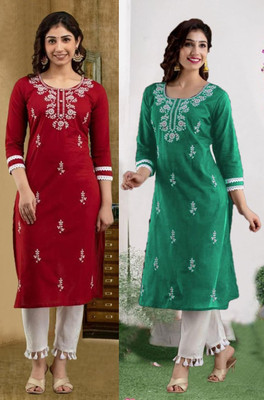 SISTO Women Chikan Embroidery Straight Kurta(Multicolor)