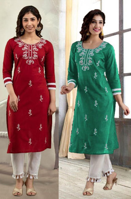 vikshi Women Embroidered Straight Kurta(Red, Green)