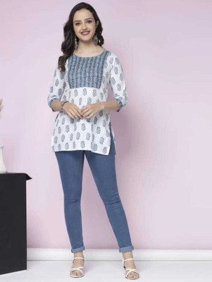 PFFASHION Women Printed Straight Kurta(White, Blue)