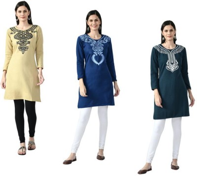 IndiWeaves Women Printed Straight Kurta(Dark Blue, Beige, Yellow)