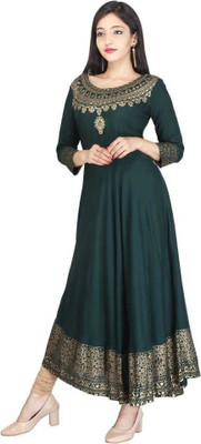 aerotick Women Printed Anarkali Kurta(Dark Green)