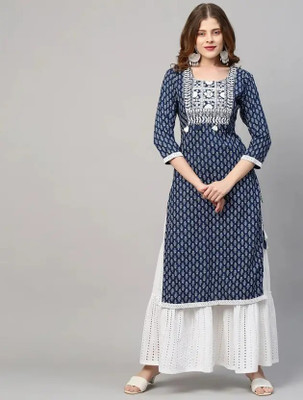 BDREE Women Embroidered Straight Kurta(Blue)