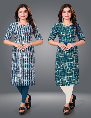 MOBHISA Women Printed Straight Kurta(Light Blue)