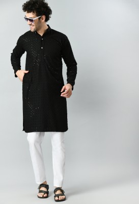 FIVEFEB Men Embellished Straight Kurta(Black)