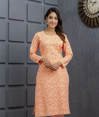 AURA CLOTHING Women Printed Straight Kurta(Orange)