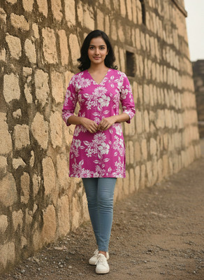 The MS Hub Women Floral Print Straight Kurta(Pink)