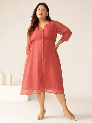 Janasya Women A-line Pink Midi/Calf Length Dress