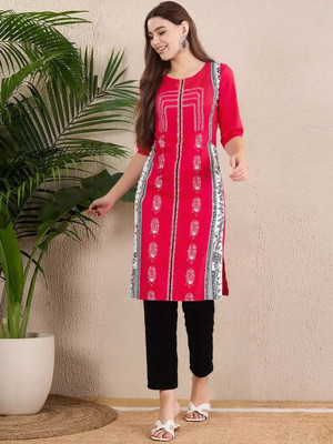 EthnicBasket Women Printed A-line Kurta(Pink)
