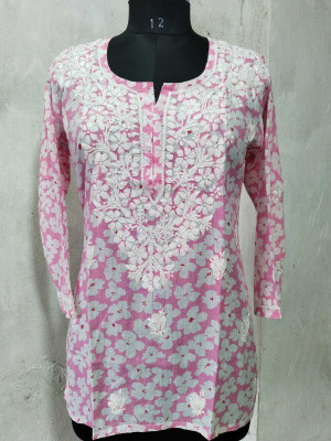 Aqsha Chikan Handicraft Women Chikan Embroidery A-line Kurta(Pink)