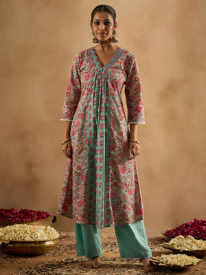 Indo Era Women Printed A-line Kurta(Light Green)