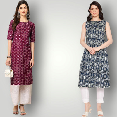 KAUTAQI Women Printed Straight Kurta(Multicolor)