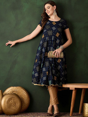 Sangria Women Printed Anarkali Kurta(Dark Blue)