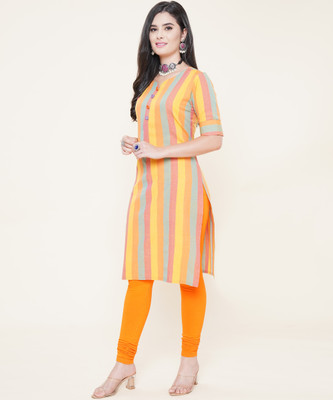 ANUSHIL Women Self Design, Striped, Embellished, Woven Design Straight Kurta(Yellow)