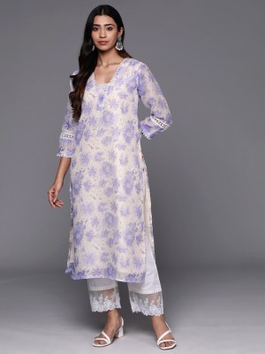 Varanga Women Printed Straight Kurta(Purple, White)