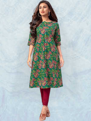 ABHI FAB Women Printed Straight Kurta(Green)