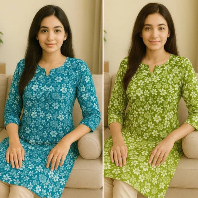 ssf Women Floral Print A-line Kurta(Blue, Green)