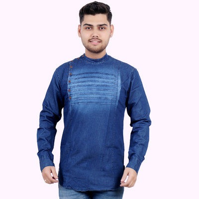 M'COT F-999 Men Washed Straight Kurta(Dark Blue)