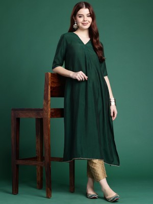 Sangria Women Solid A-line Kurta(Green)