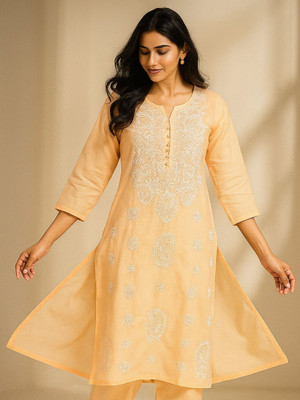 VELORA Women Embroidered A-line Kurta(Orange)