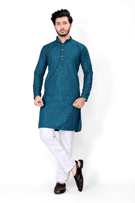 click n buy Men Embellished Straight Kurta(Light Green)