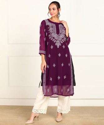 Neelam Chikan Women Chikan Embroidery A-line Kurta(Purple)