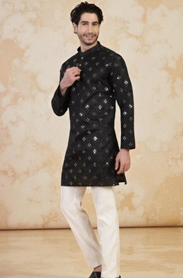BISWAS Men Embroidered, Embellished Straight Kurta(Black)