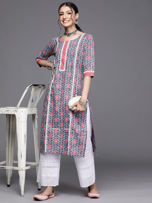 WGC Women Floral Print Straight Kurta(Grey)