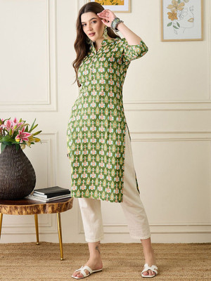 ANOUK Women Geometric Print Straight Kurta(Green)