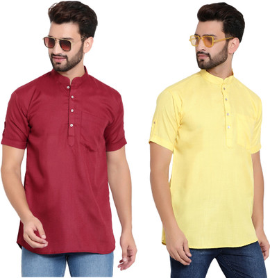 Sadree Men Solid Straight Kurta(Maroon, Yellow)