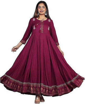 GMA Women Printed Flared Kurta(Purple)