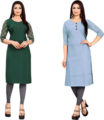 HouseOfCommon Women Solid Straight Kurta(Dark Green, Grey)