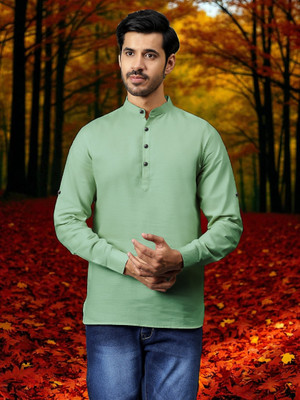 FireFish Men Solid A-line Kurta(Light Green)