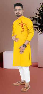 Hoodler Fab Men Printed Straight Kurta(Yellow)