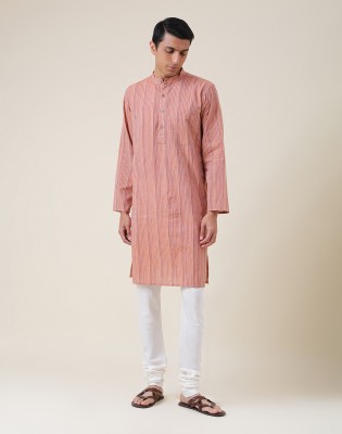 Fabindia Men Striped Straight Kurta(Orange)