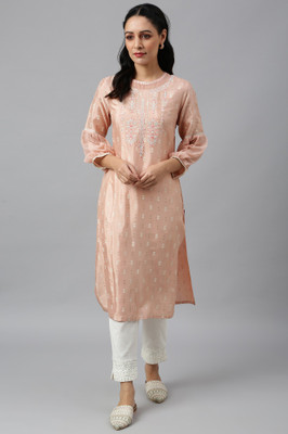 W Women Floral Print Straight Kurta(Pink)