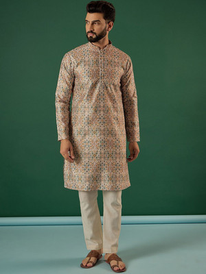 ANOUK Men Geometric Print Straight Kurta(Green)