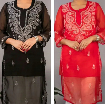 Neelam Chikan Women Chikan Embroidery Straight Kurta(Red)