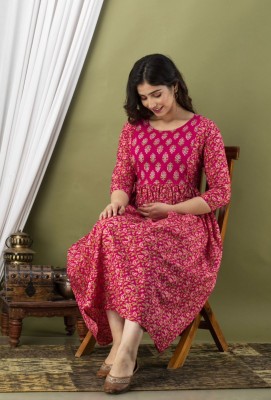 Dinru Women Kalamkari Anarkali Kurta(Red)