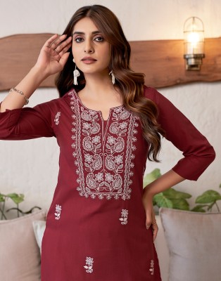 Samah Women Chikan Embroidery, Embellished, Dyed/Ombre, Self Design Straight Kurta(Maroon)