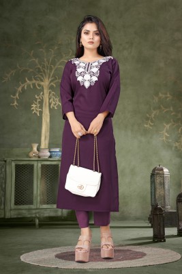 Manidhar Women Chikan Embroidery Straight Kurta(Purple)