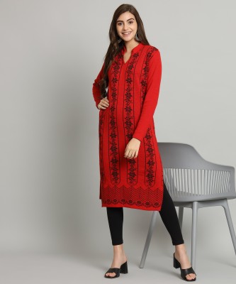 Krew Women Self Design Straight Kurta(Red, Black)