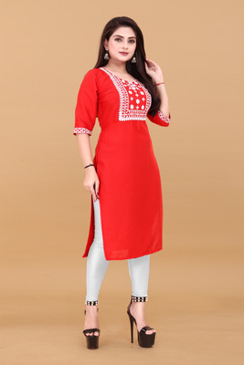 ANITA LYCRA Women Embroidered Straight Kurta(Red)