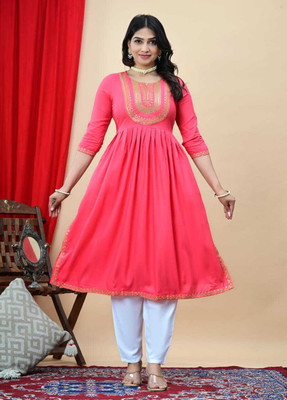 Diwikj Women Embroidered A-line Kurta(Pink)