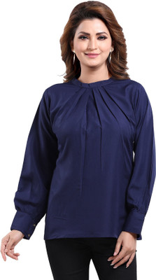 Anmi Prepossessing Navy Blue Polyester Crepe Office Wear Short Tunic Top For Women Solid Women Straight Kurta(Blue)